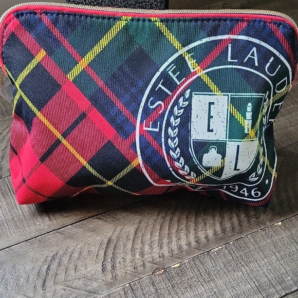 Estee Lauder Red and Black Makeup Bag with Tartan Design - Picture 1 of 7